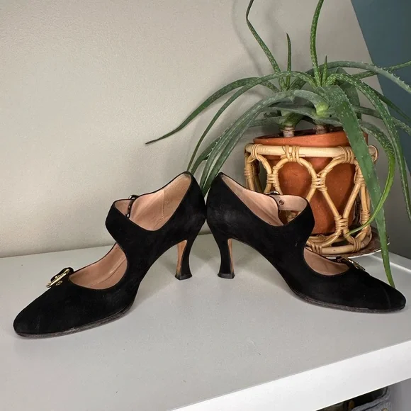 Anyi Lu Black Suede Heels 37 | Mary Jane Pumps with Gold Buckles | Made in Italy - Picture 3 of 13